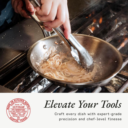 Person cooking in a pan on a stove with 'Made in Kitchen Supply' logo.