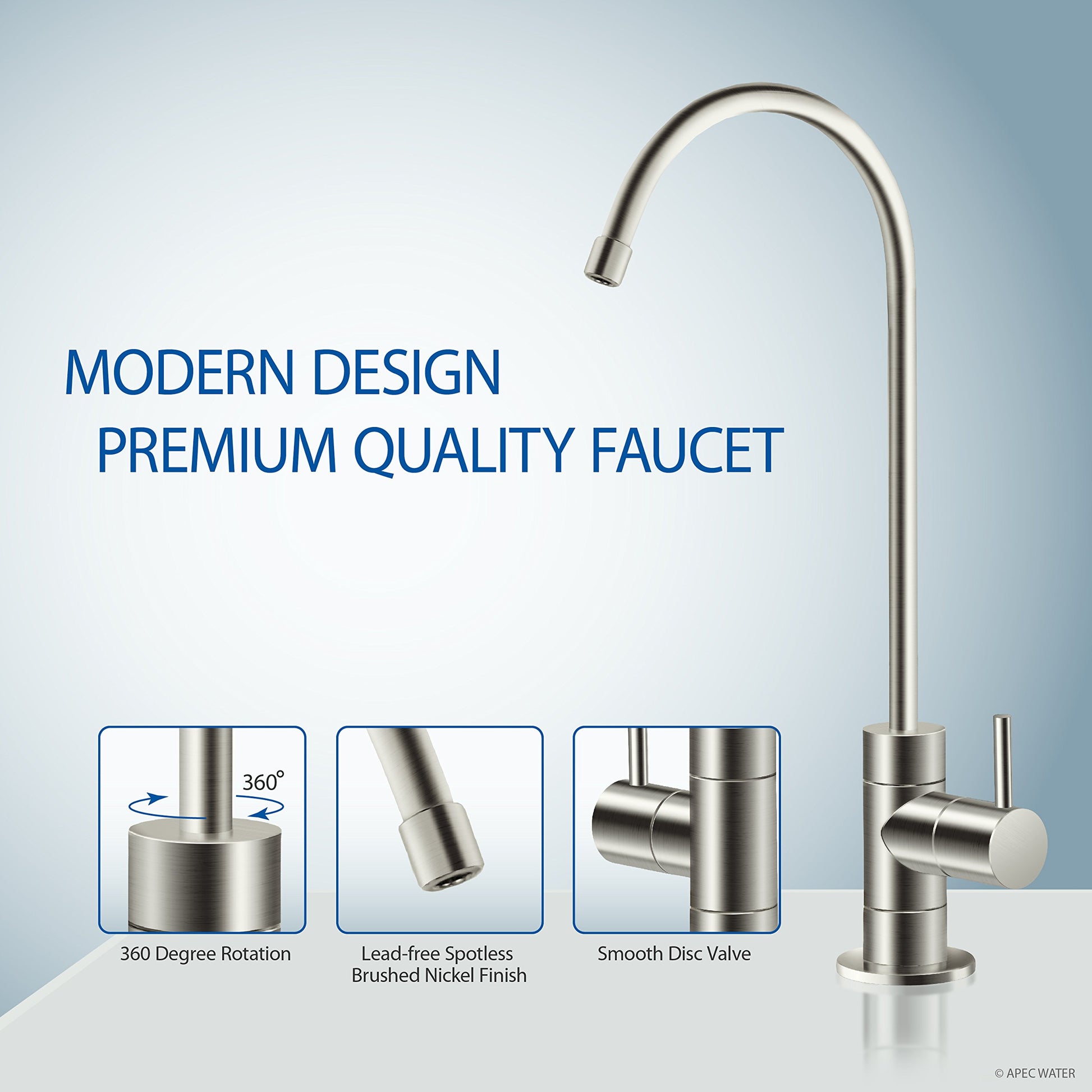Stainless steel faucet with features highlighted on a blue gradient background