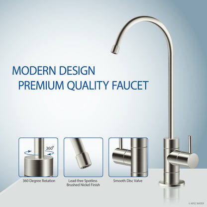 Stainless steel faucet with features highlighted on a blue gradient background