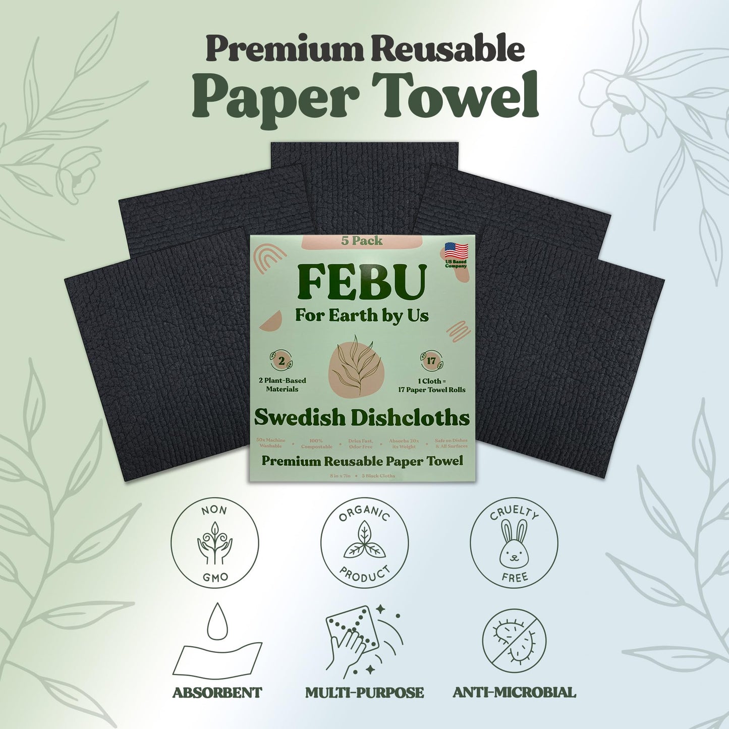 FEBU Reusable Swedish Dishcloths for Kitchen (5-Pack Sunset)