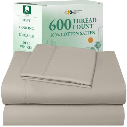 California Design Den 100% Cotton Sateen Sheets: 600 TC Luxury Set