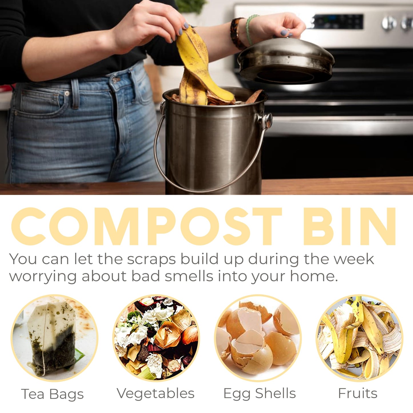 Microplastic-Free Kitchen: Epica Stainless Steel Compost Bin Non-Toxic