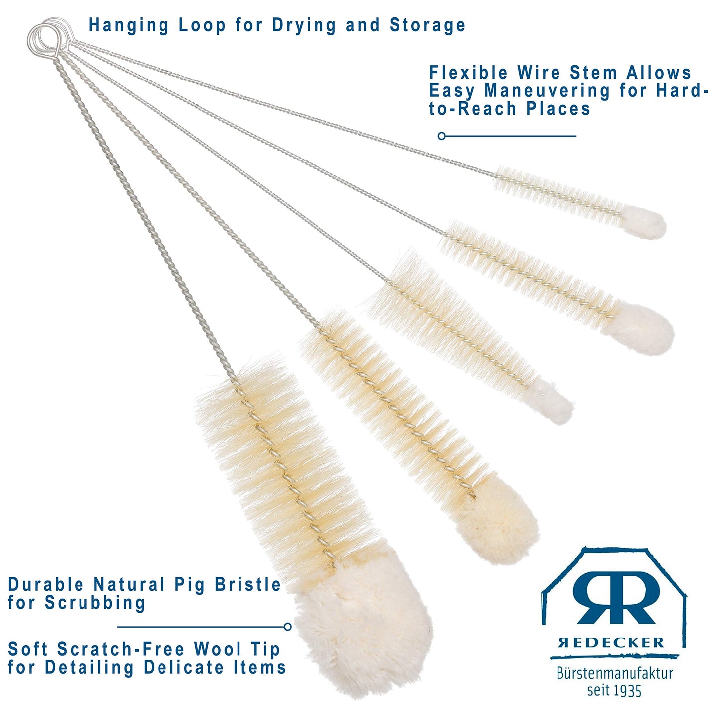 REDECKER Wool Tip Bottle Cleaning Brush Set: Natural Pig Hair Bristles