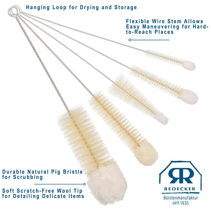 REDECKER Wool Tip Bottle Cleaning Brush Set: Natural Pig Hair Bristles