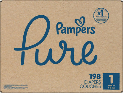 Pampers Pure diaper box with blue text on a brown background