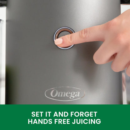 Hand pressing a button on an Omega juicer with text 'Set it and forget hands free juicing'.