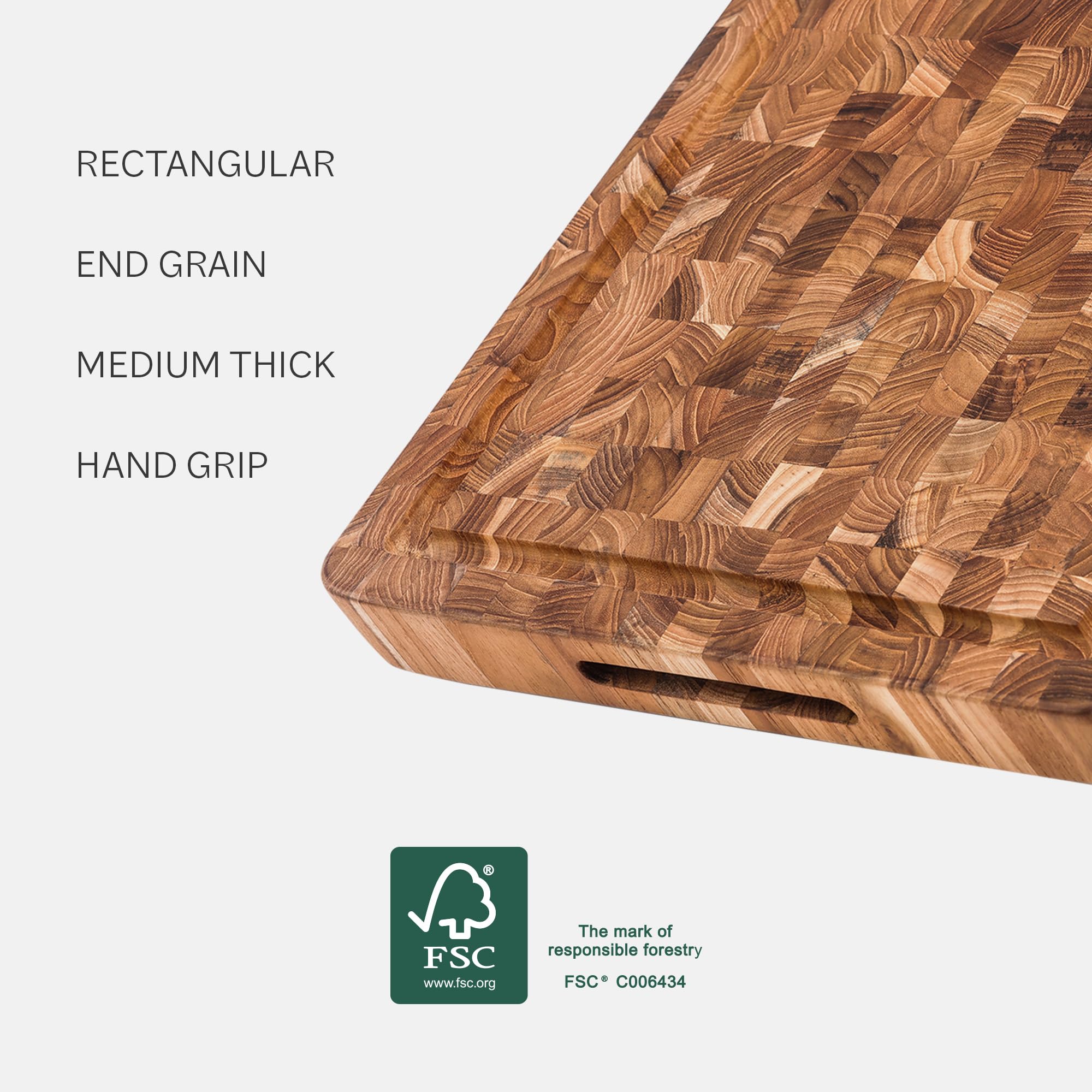 Wooden cutting board with FSC certification logo on a white background