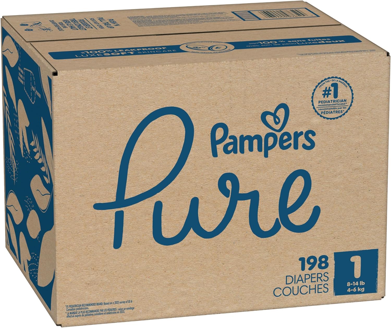 Box of Pampers Pure diapers with blue text on a brown background