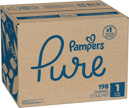 Box of Pampers Pure diapers with blue text on a brown background