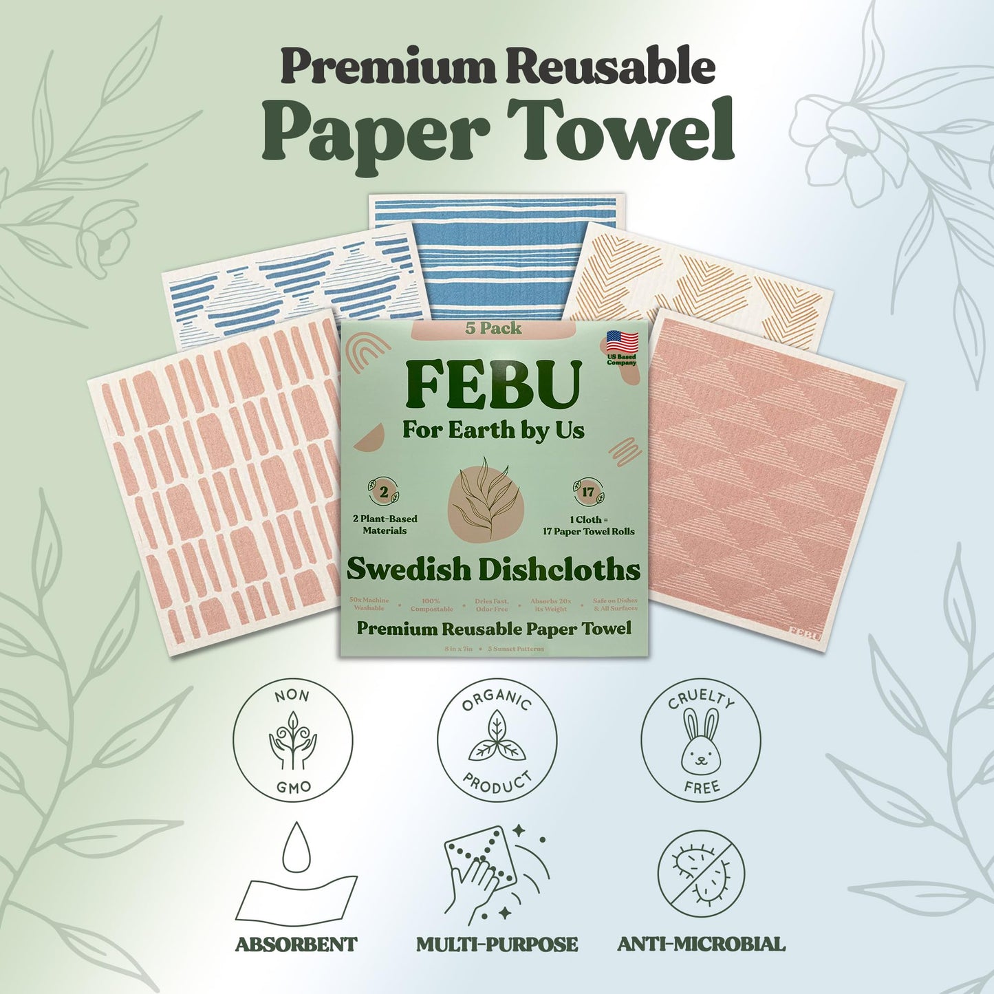 FEBU Reusable Swedish Dishcloths for Kitchen (5-Pack Sunset)