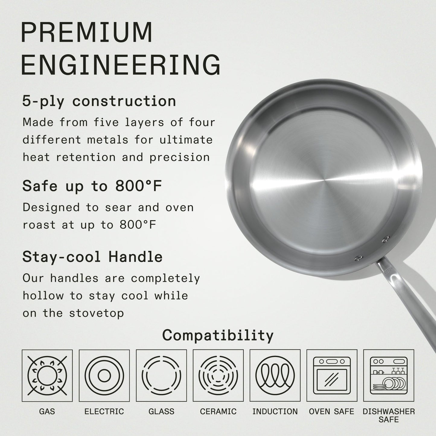 Stainless steel frying pan with text on premium engineering, construction, safety, and compatibility.