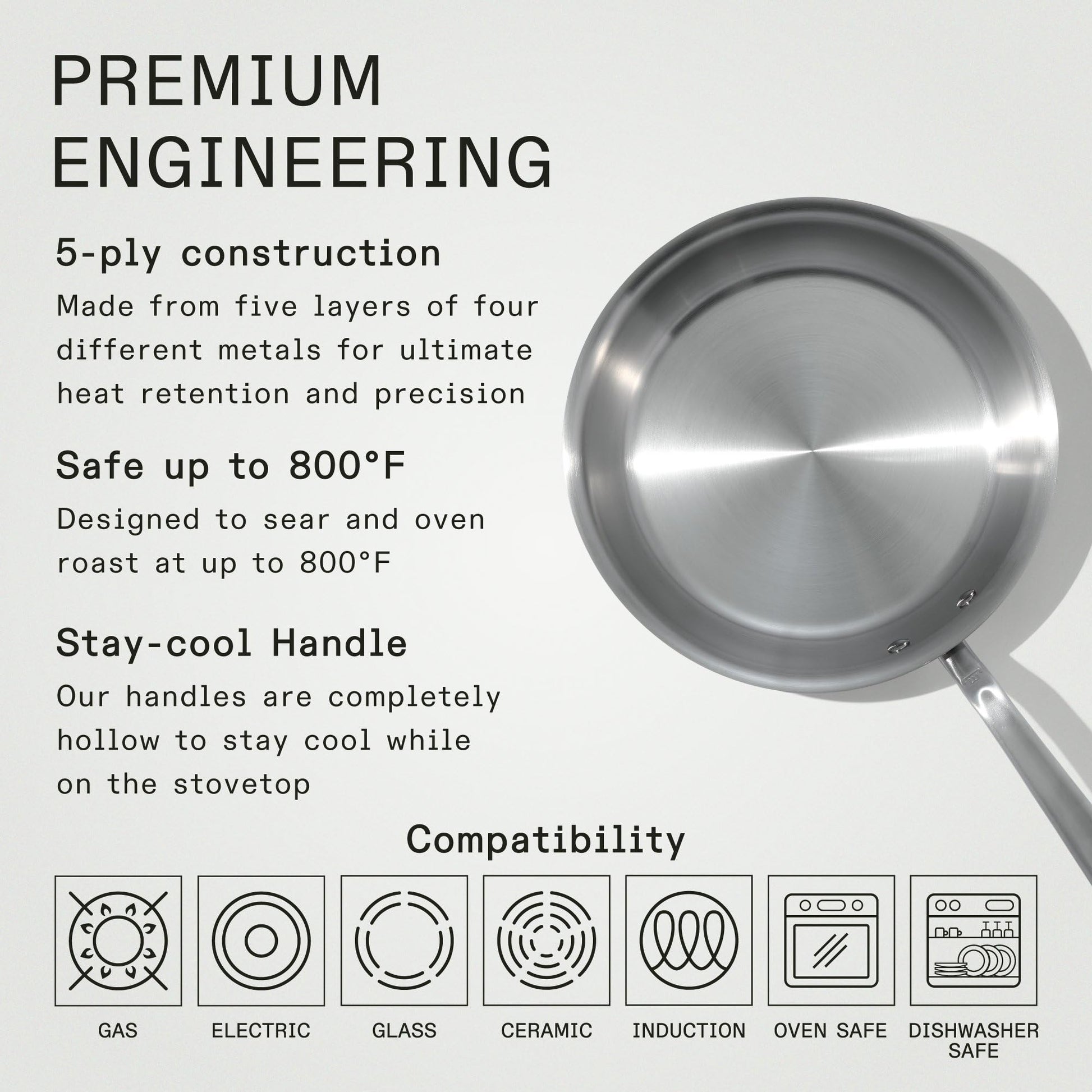 Stainless steel frying pan with text on premium engineering, construction, safety, and compatibility.