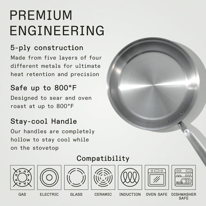 Stainless steel frying pan with text on premium engineering, construction, safety, and compatibility.