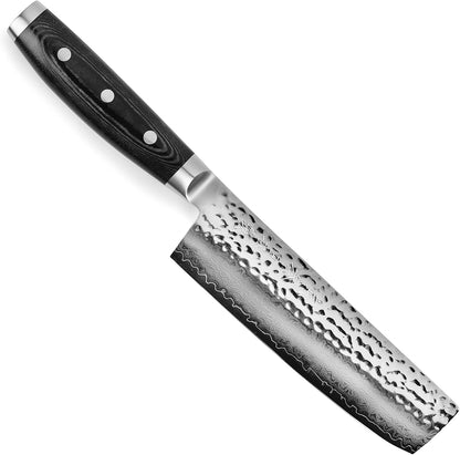 Knife with a black handle and silver blade on a white background