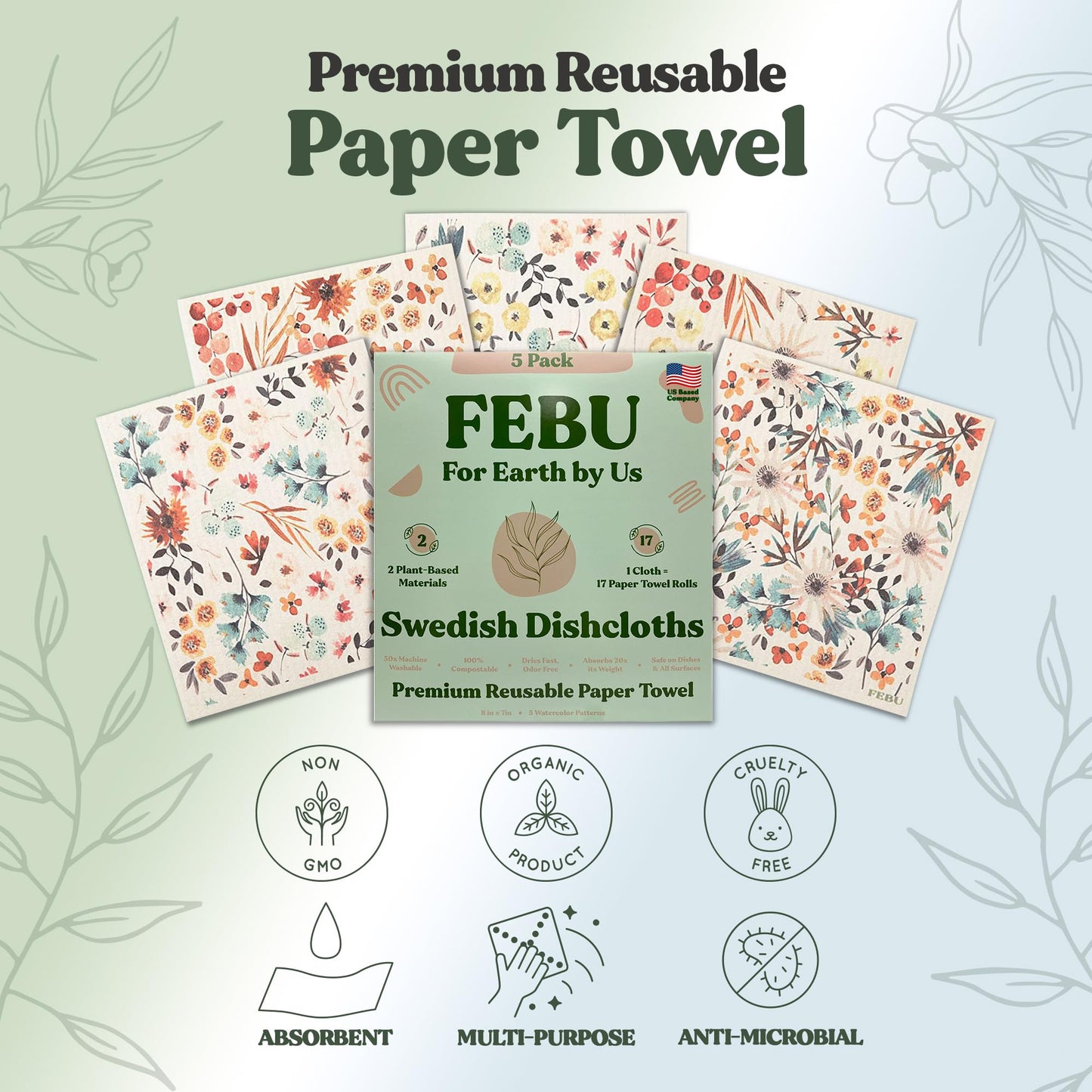 FEBU Reusable Swedish Dishcloths for Kitchen (5-Pack Sunset)