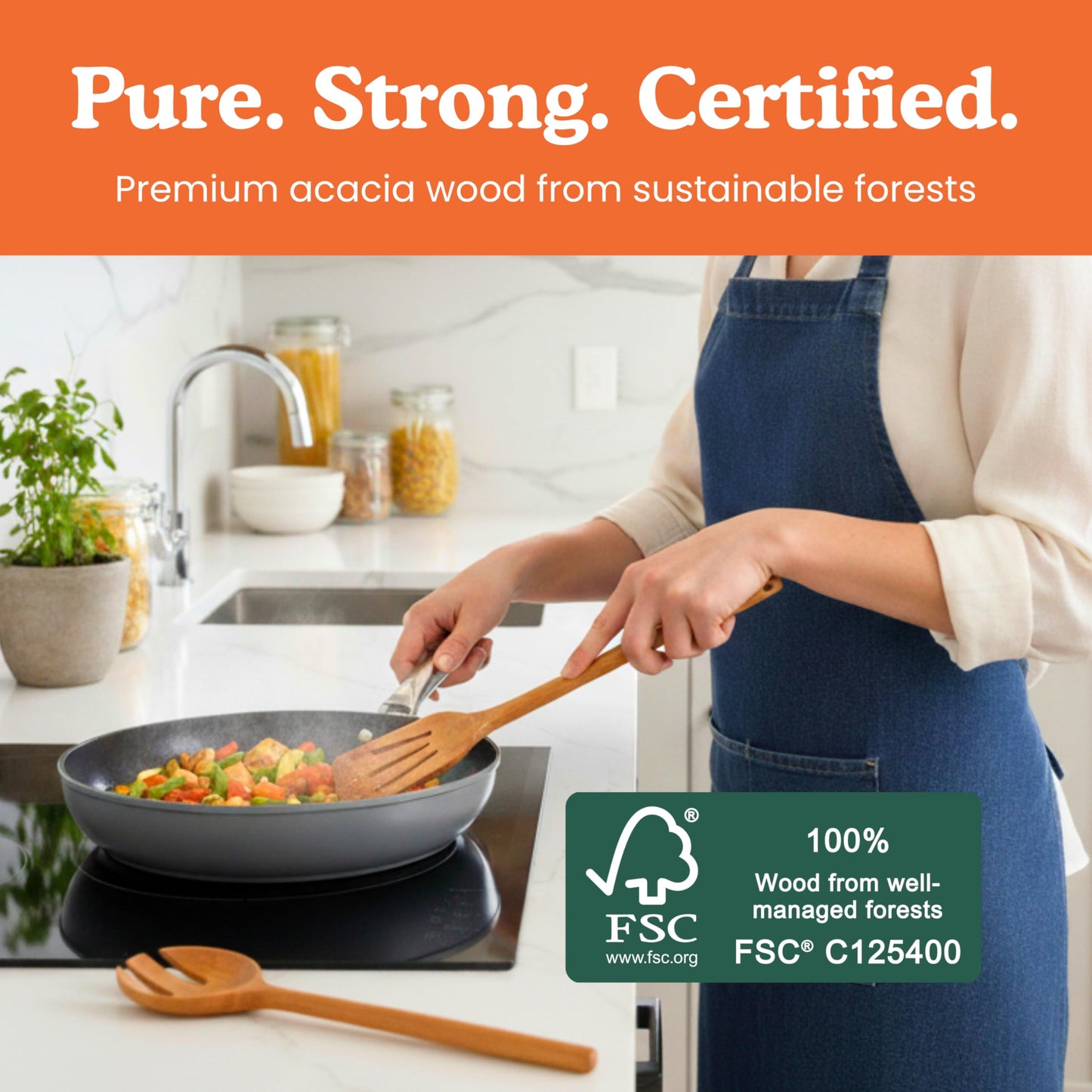 Microplastic-Free Solid Acacia Wooden Utensil Set, Glue-Free, 6-Piece