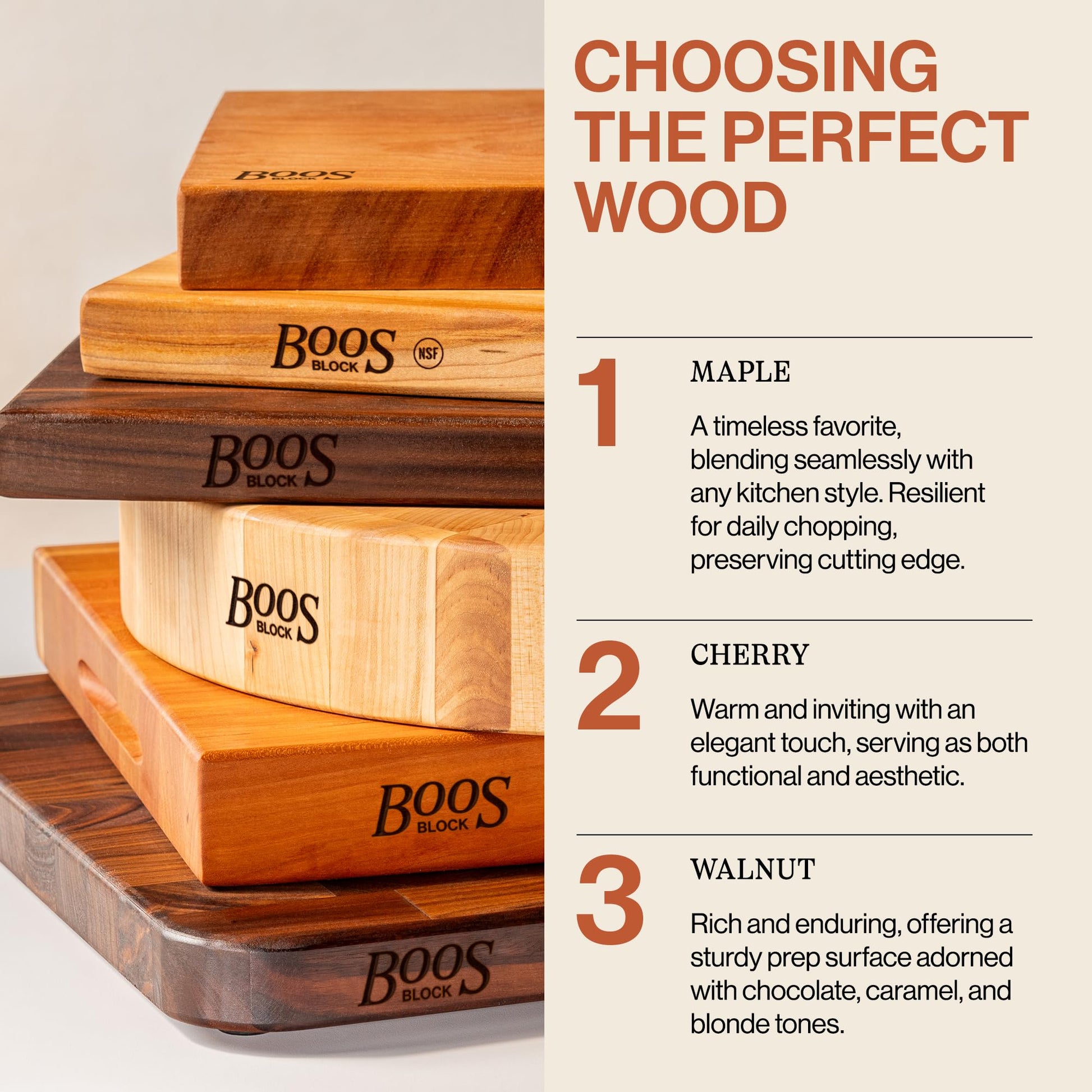 Stack of wooden cutting boards with 'Boos Block' branding, featuring a text overlay on wood types.
