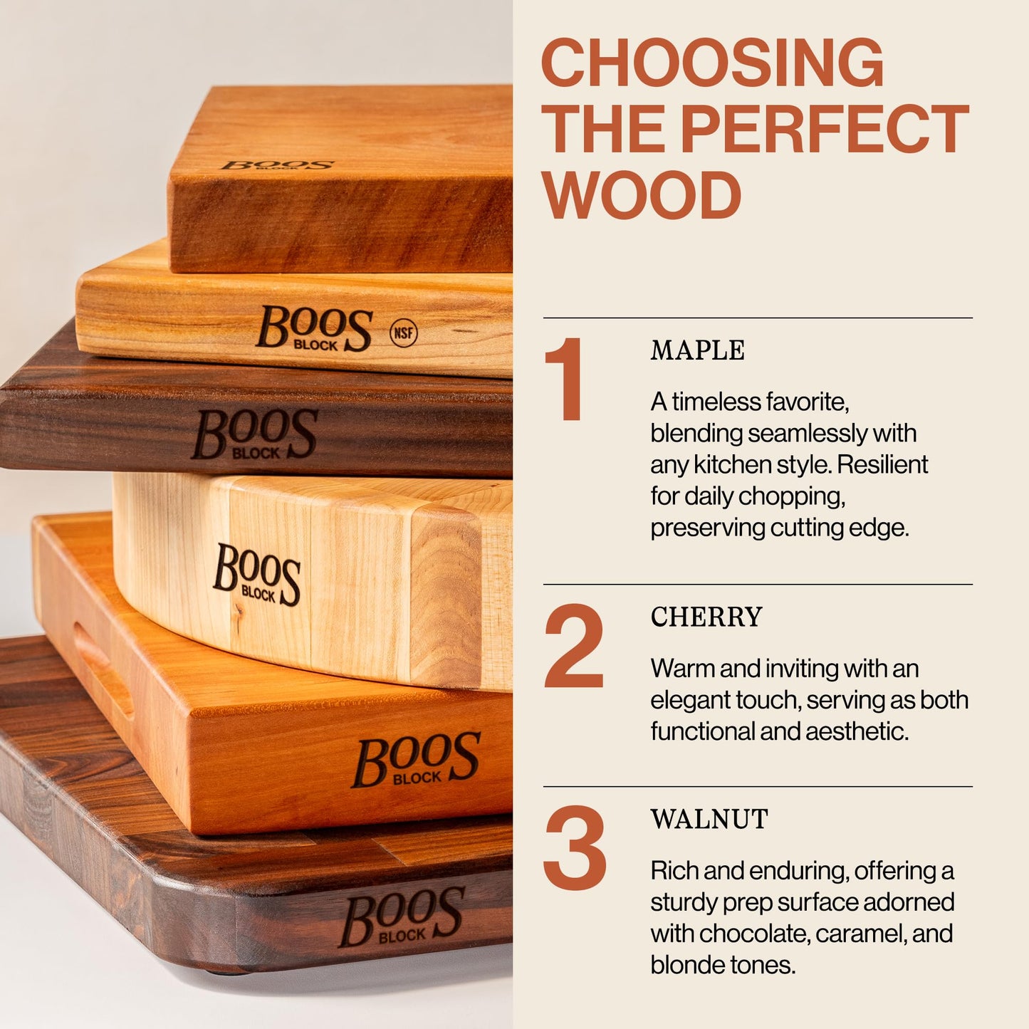 Stack of wooden cutting boards with 'Boos Block' branding, featuring information on wood types.