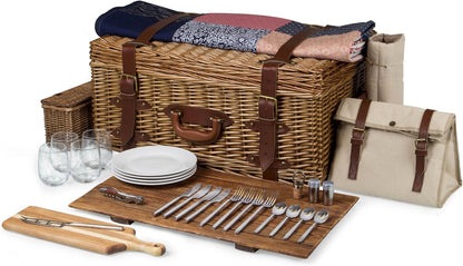 Picnic time charleston picnic basket with cutlery, plates, and glasses on a white background