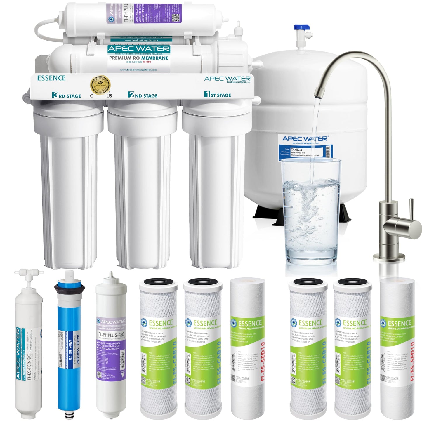 APEC Water filtration system with various filters and a glass of water.