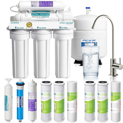 APEC Water filtration system with various filters and a glass of water.