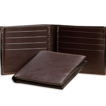 Brown leather wallet with open design on a white background