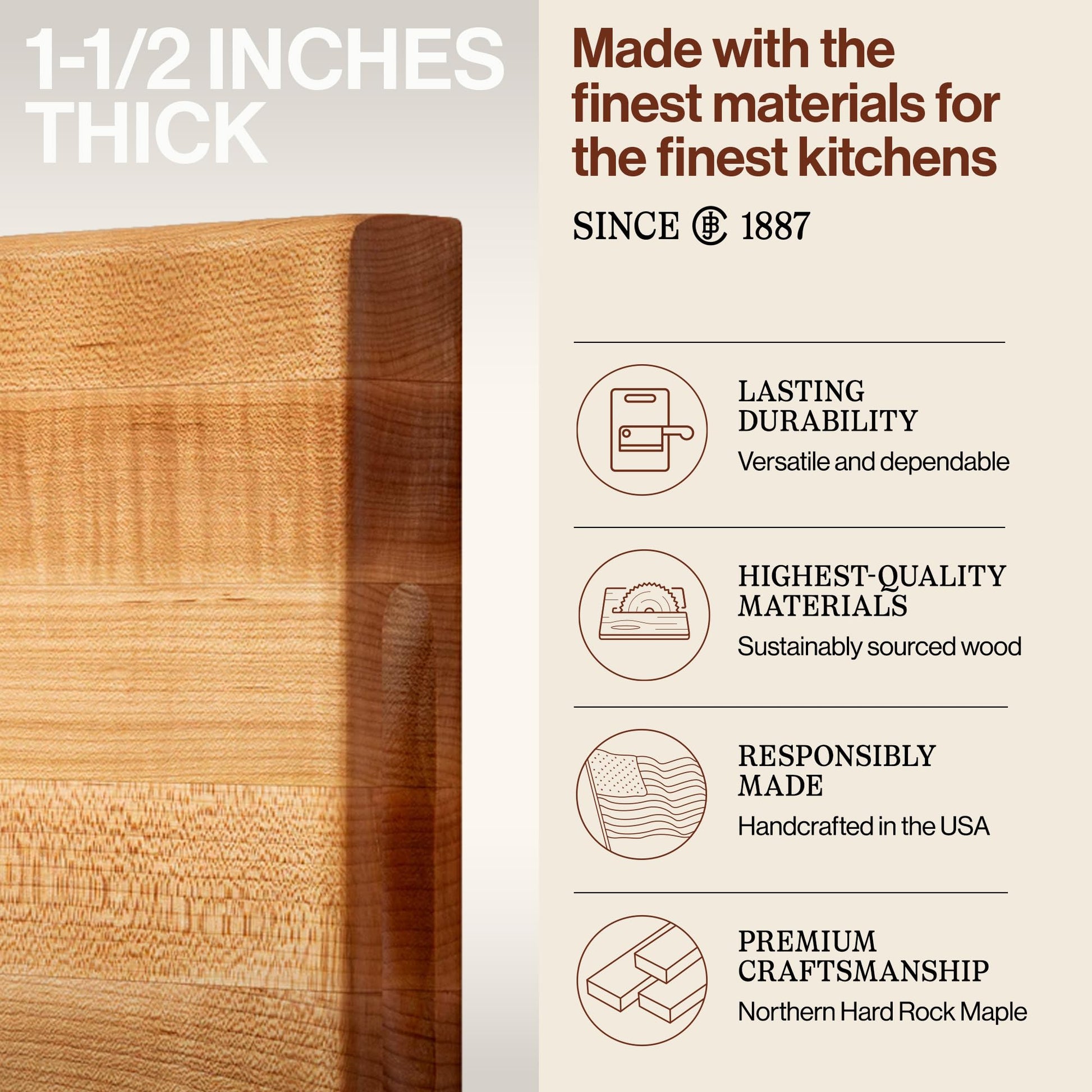 Wooden cutting board with text about thickness and quality, featuring a brand logo.