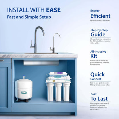 Water filtration system with installation features on a blue background