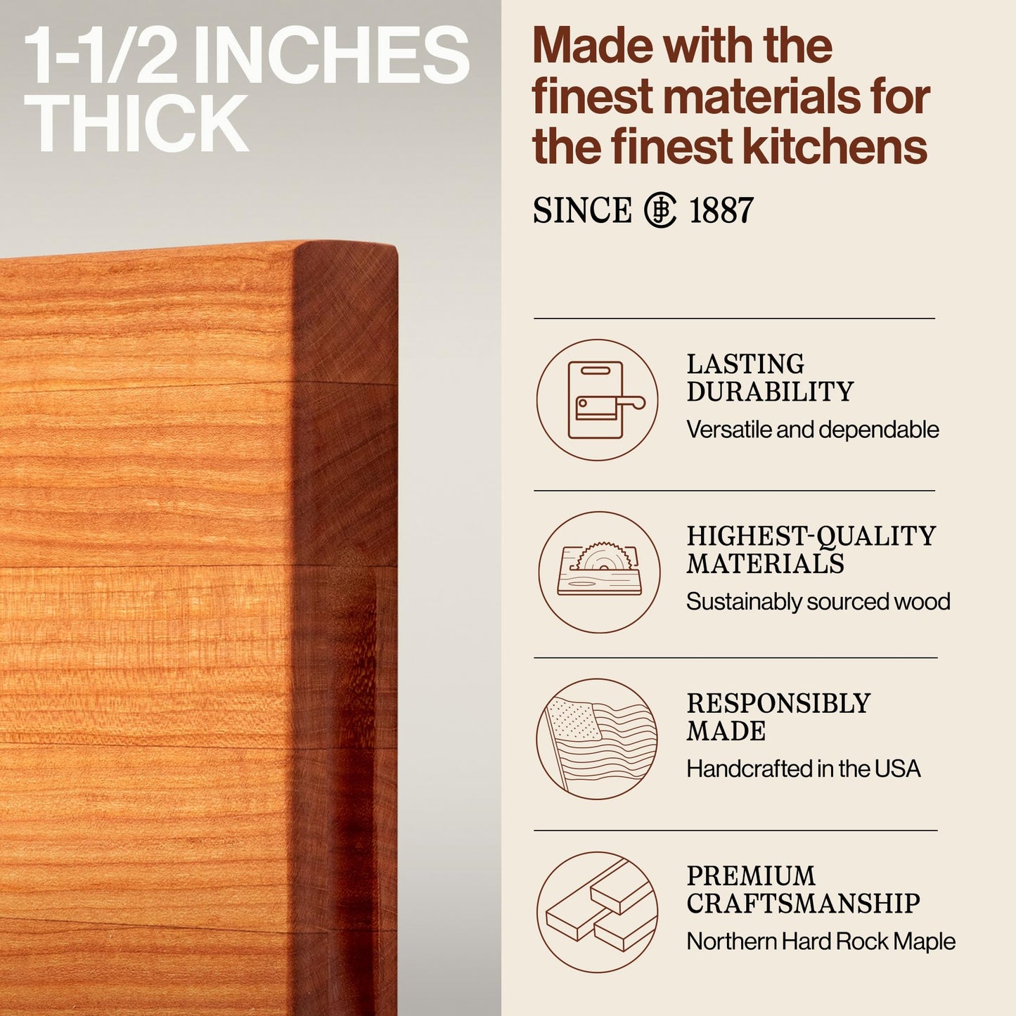 Wooden cutting board with text about thickness and quality, featuring a brand logo.
