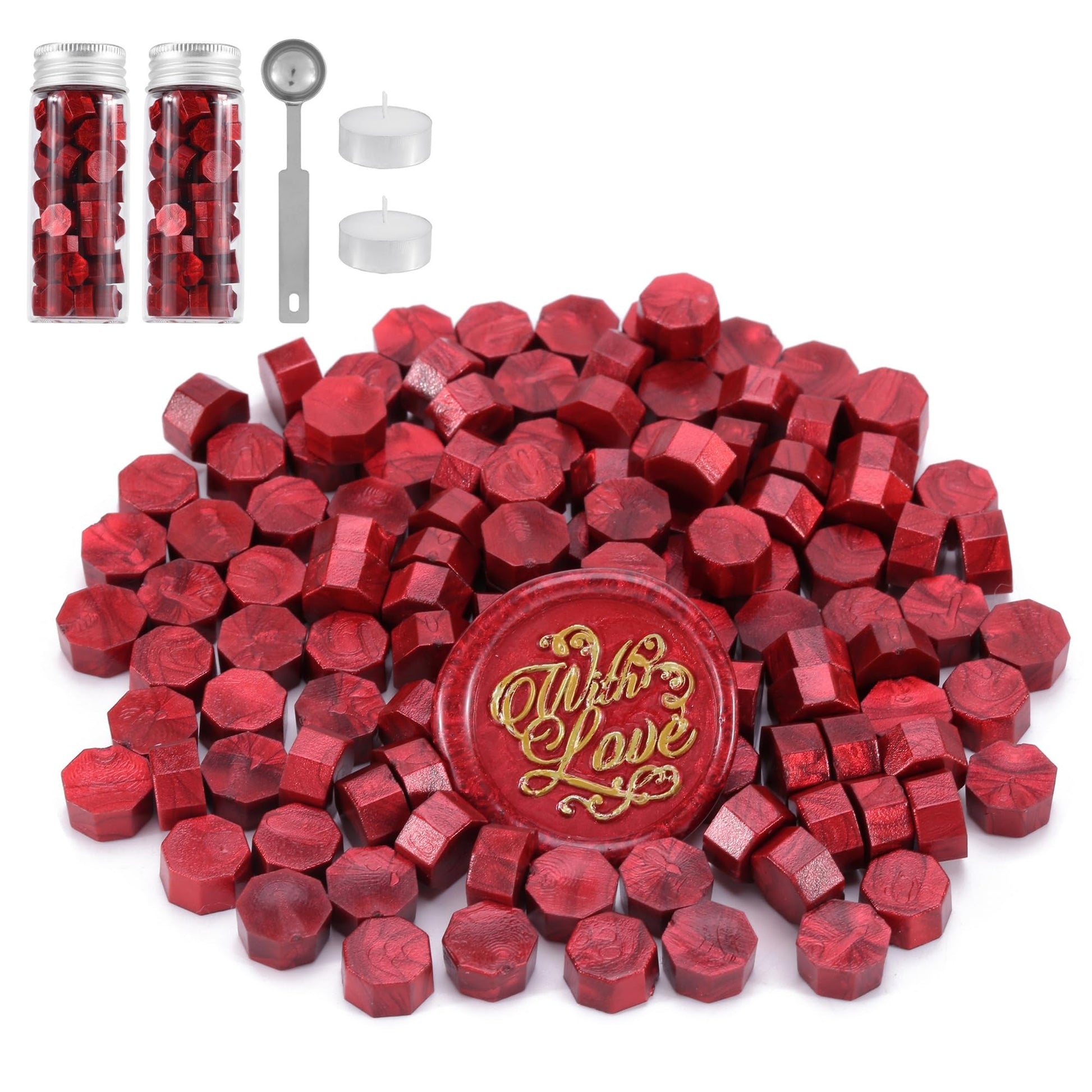 Red hexagonal sealing wax with a 'With Love' stamp, surrounded by small containers and tools on a white background.