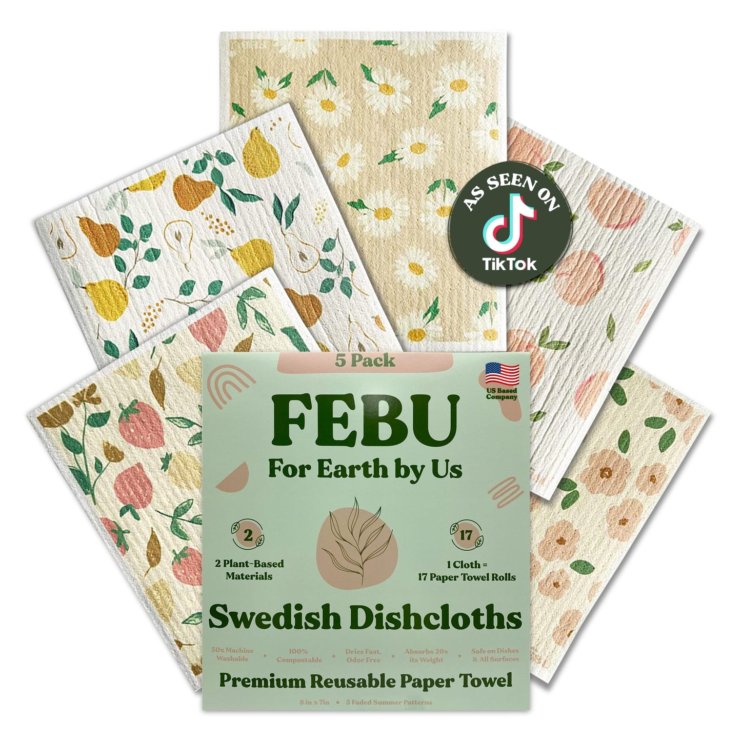FEBU Reusable Swedish Dishcloths for Kitchen (5-Pack Sunset)
