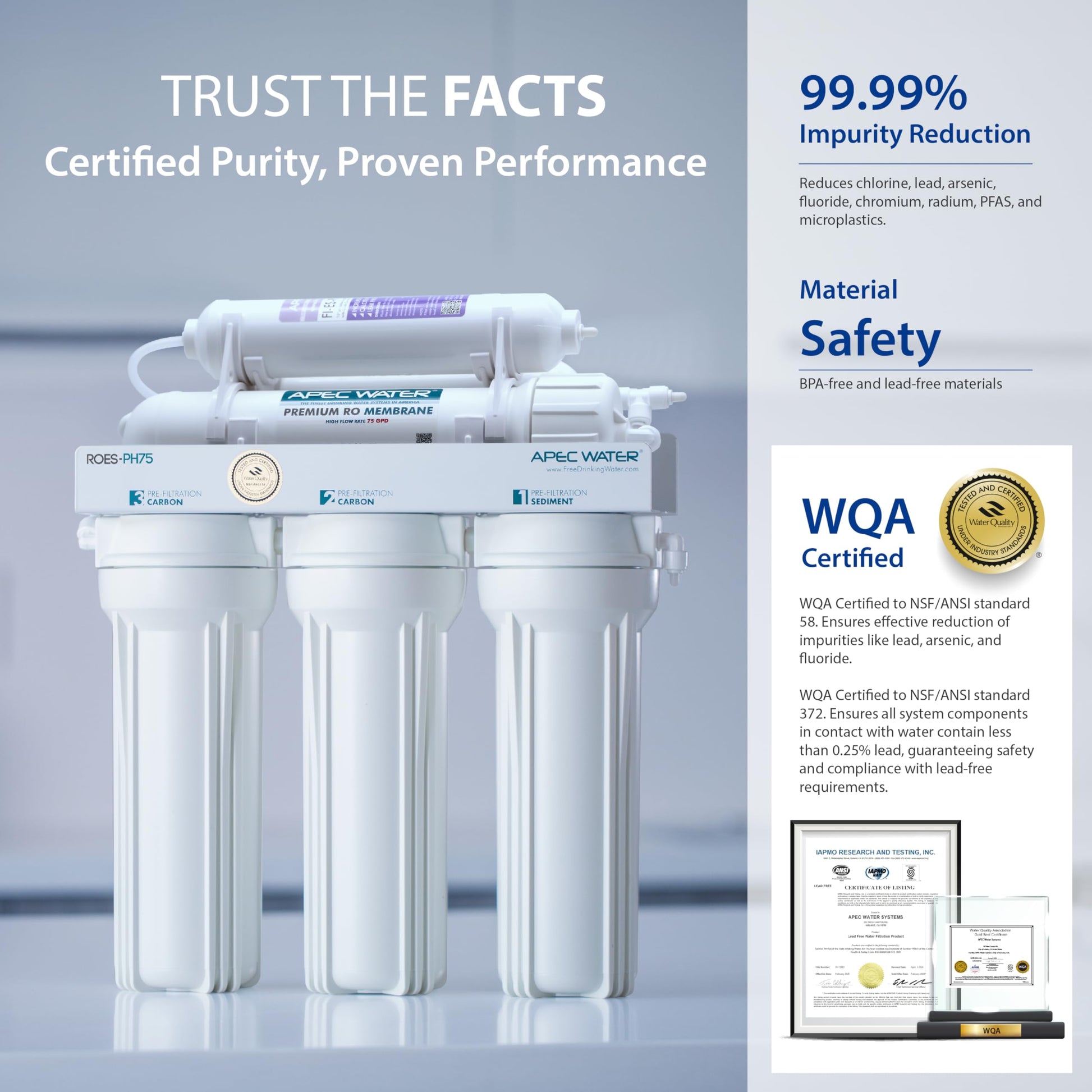 Water filtration system with certification details on a gray background