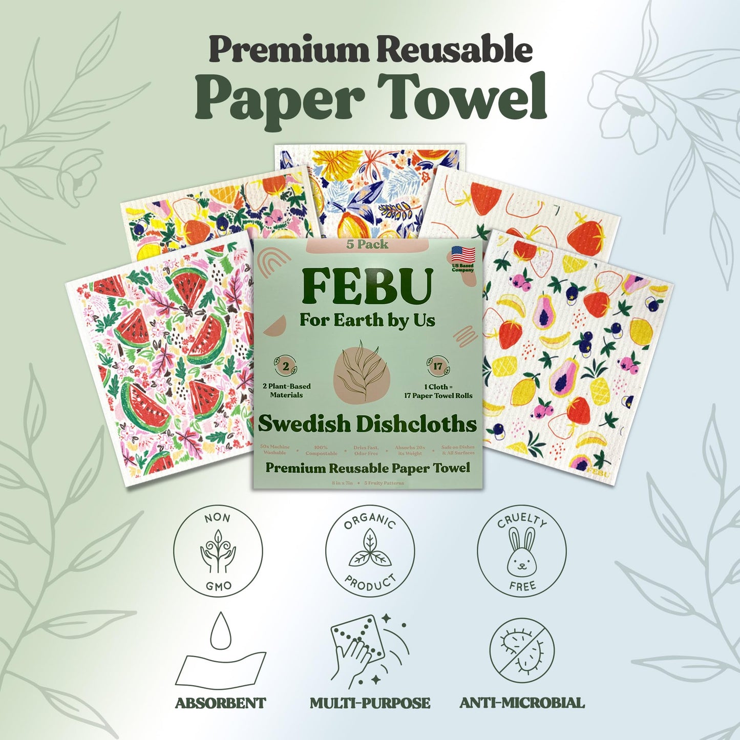 FEBU Reusable Swedish Dishcloths for Kitchen (5-Pack Sunset)