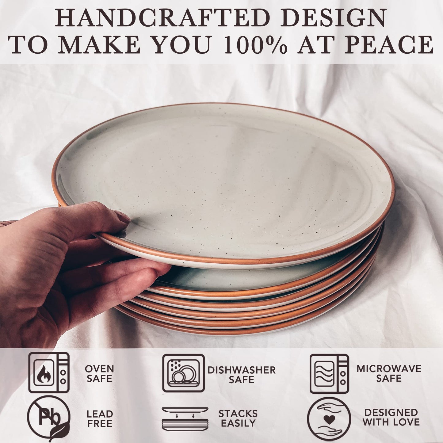Stack of Mora Artisan Matte Ceramic Dinner Plates, Set of 6 (10 inch) held by a hand with product features listed below.