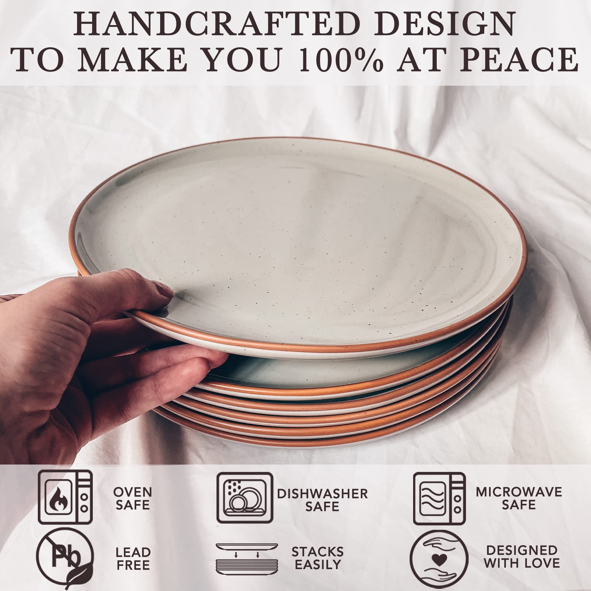 Stack of Mora Artisan Matte Ceramic Dinner Plates, Set of 6 (10 inch) held by a hand with product features listed below.