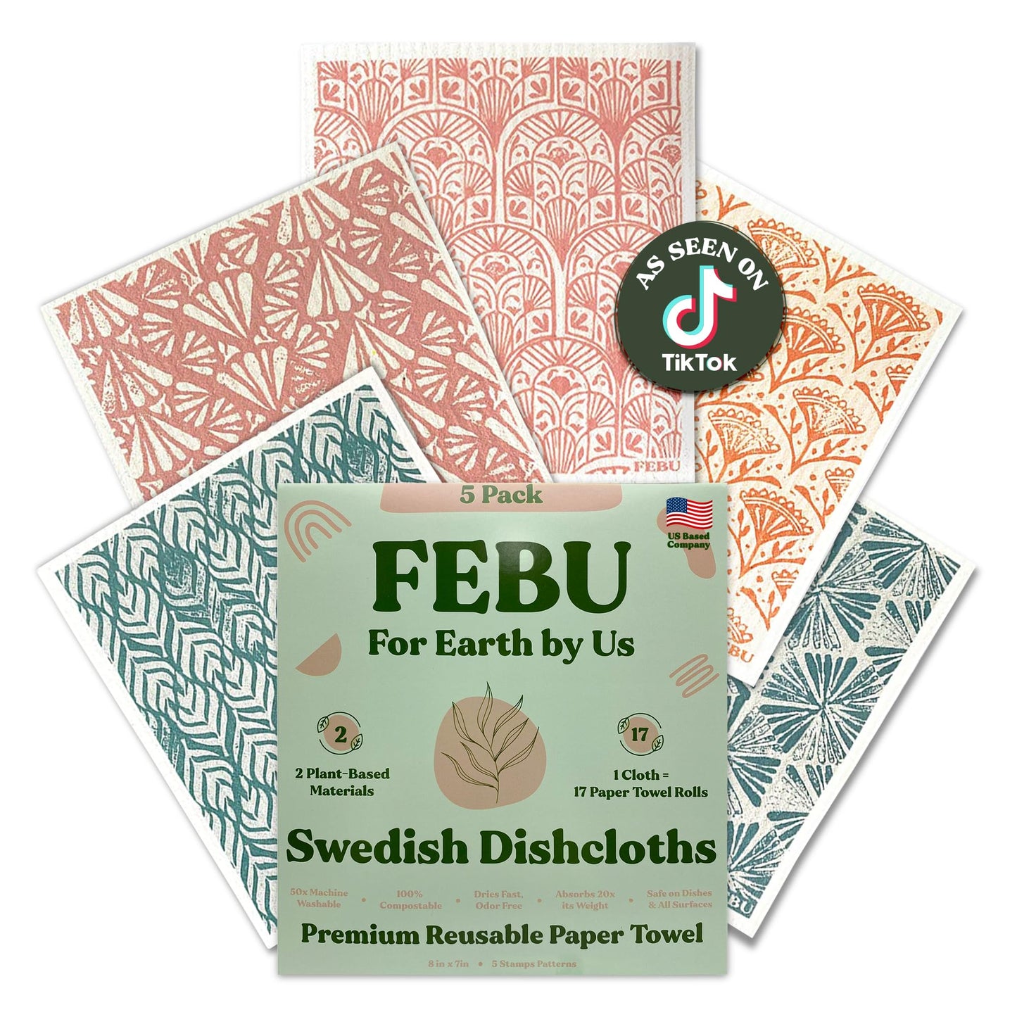 FEBU Reusable Swedish Dishcloths for Kitchen (5-Pack Sunset)