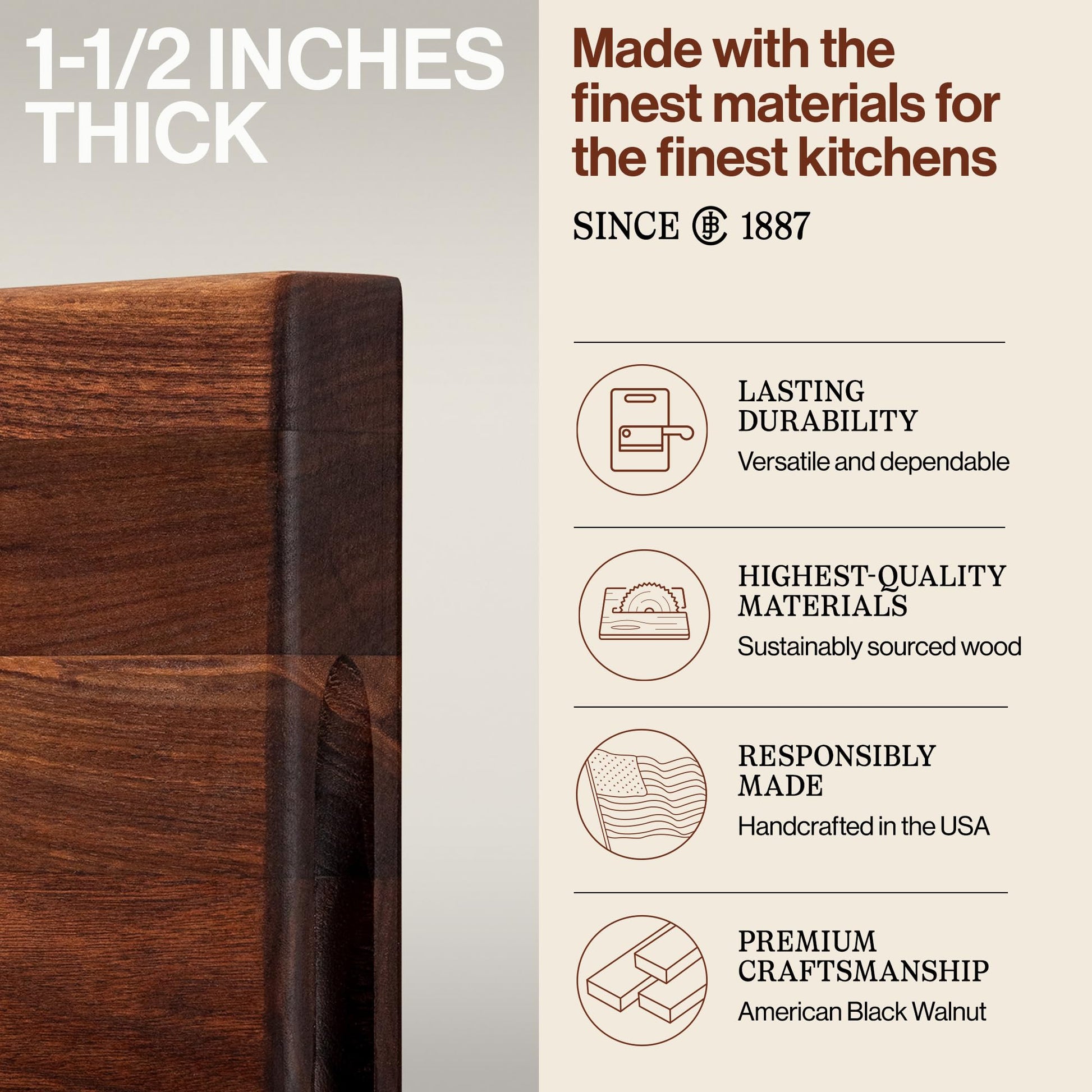 Wooden cutting board with text about thickness and quality, featuring a brand logo.