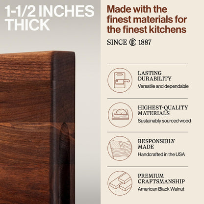 Wooden cutting board with text about thickness and quality, featuring a brand logo.