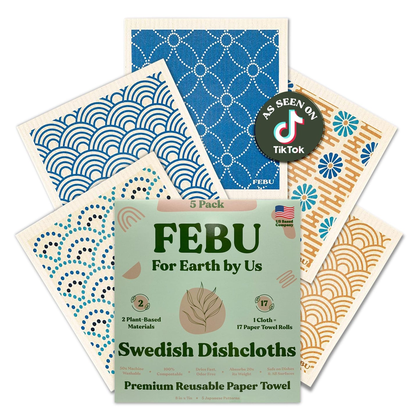 FEBU Reusable Swedish Dishcloths for Kitchen (5-Pack Sunset)