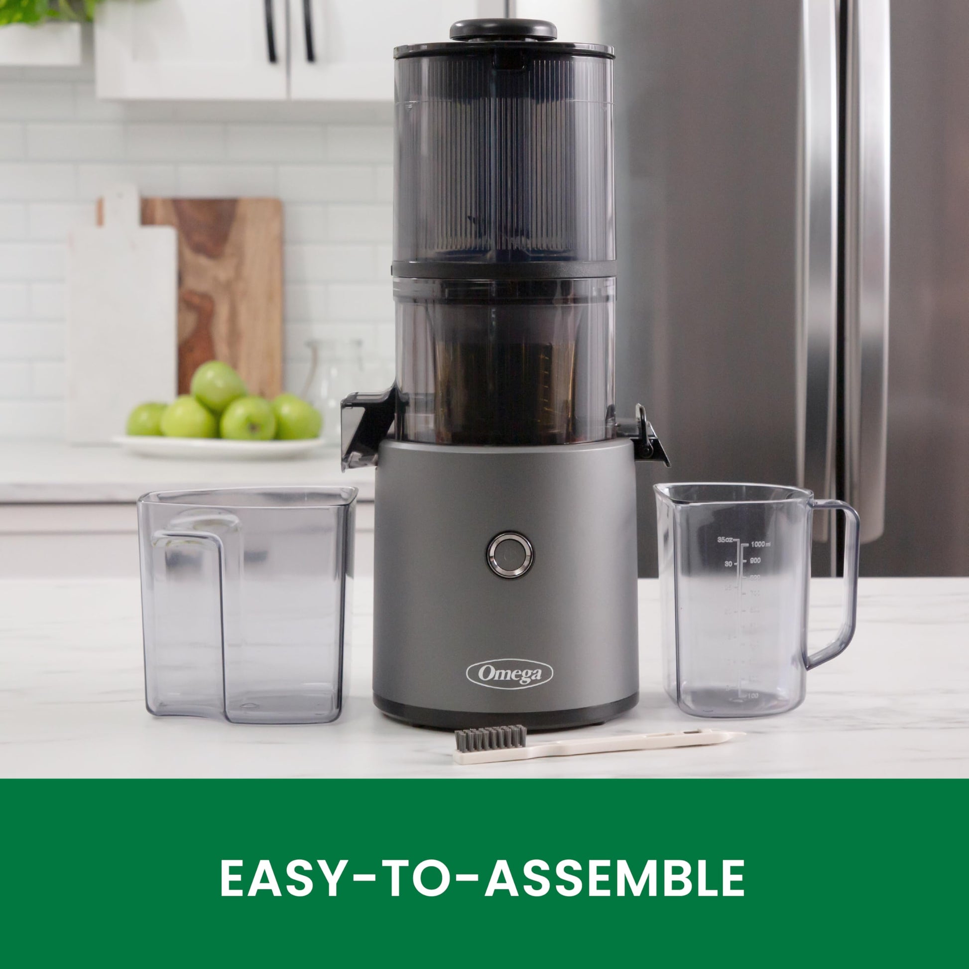 Omega juicer with accessories on a kitchen counter, labeled 'Easy-to-Assemble'.