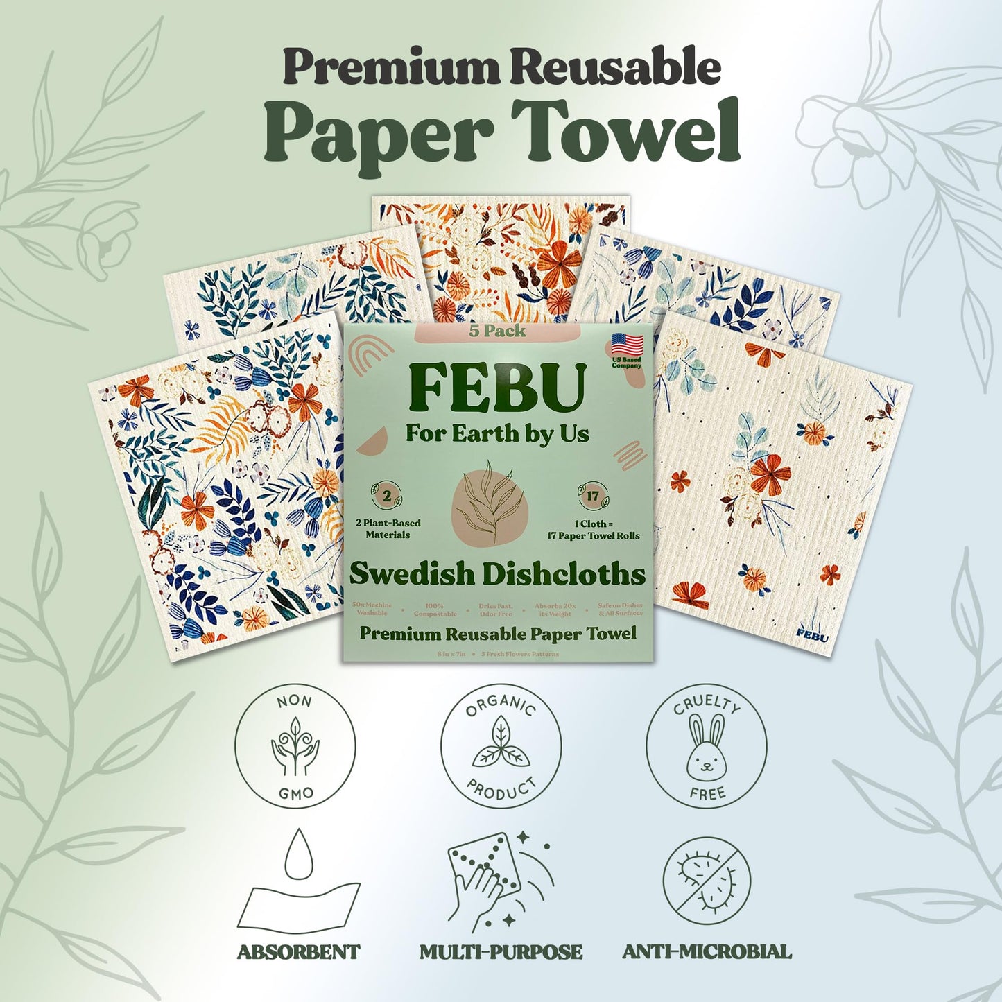 FEBU Reusable Swedish Dishcloths for Kitchen (5-Pack Sunset)