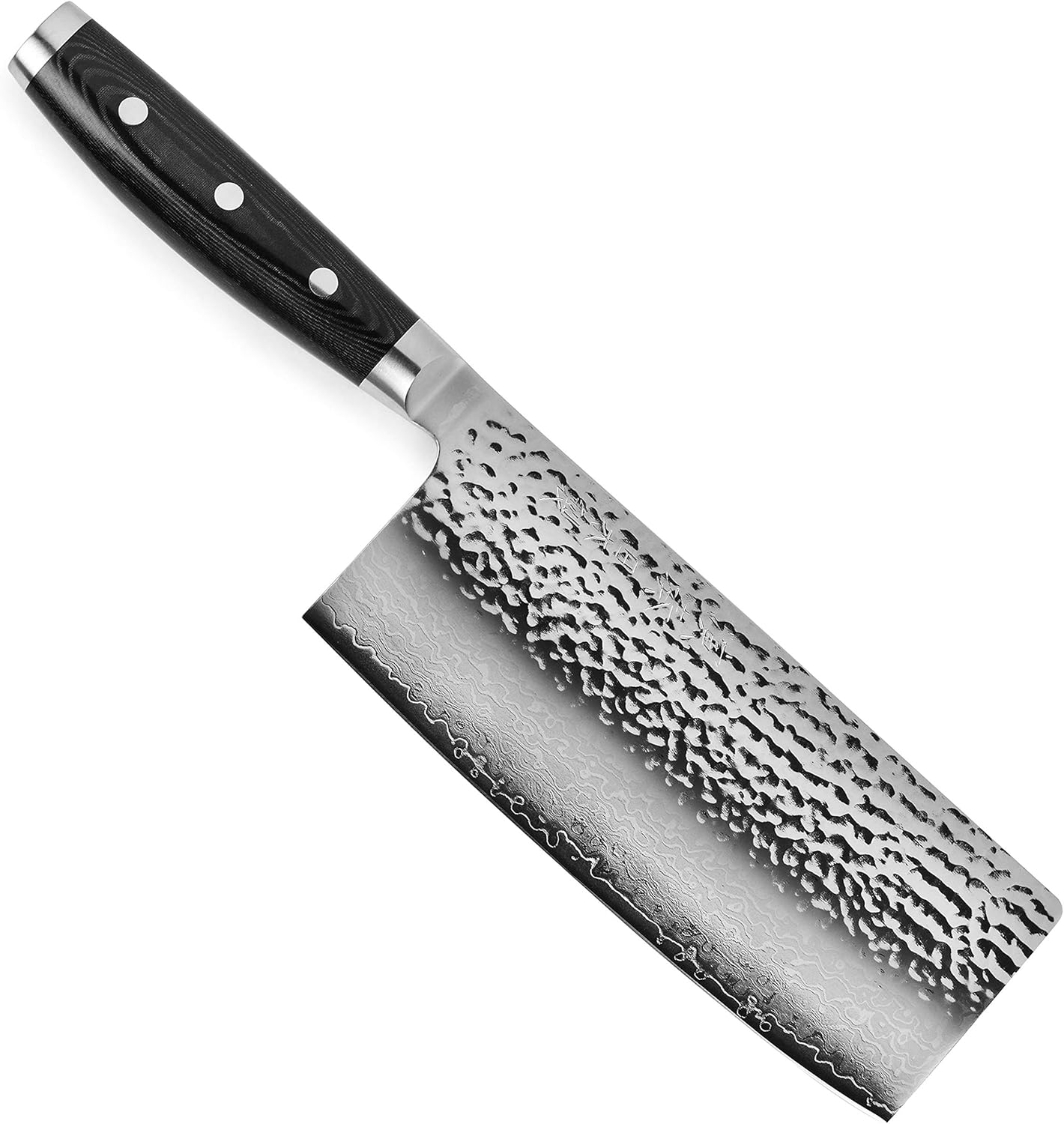 Knife with a black handle and textured silver blade on a white background