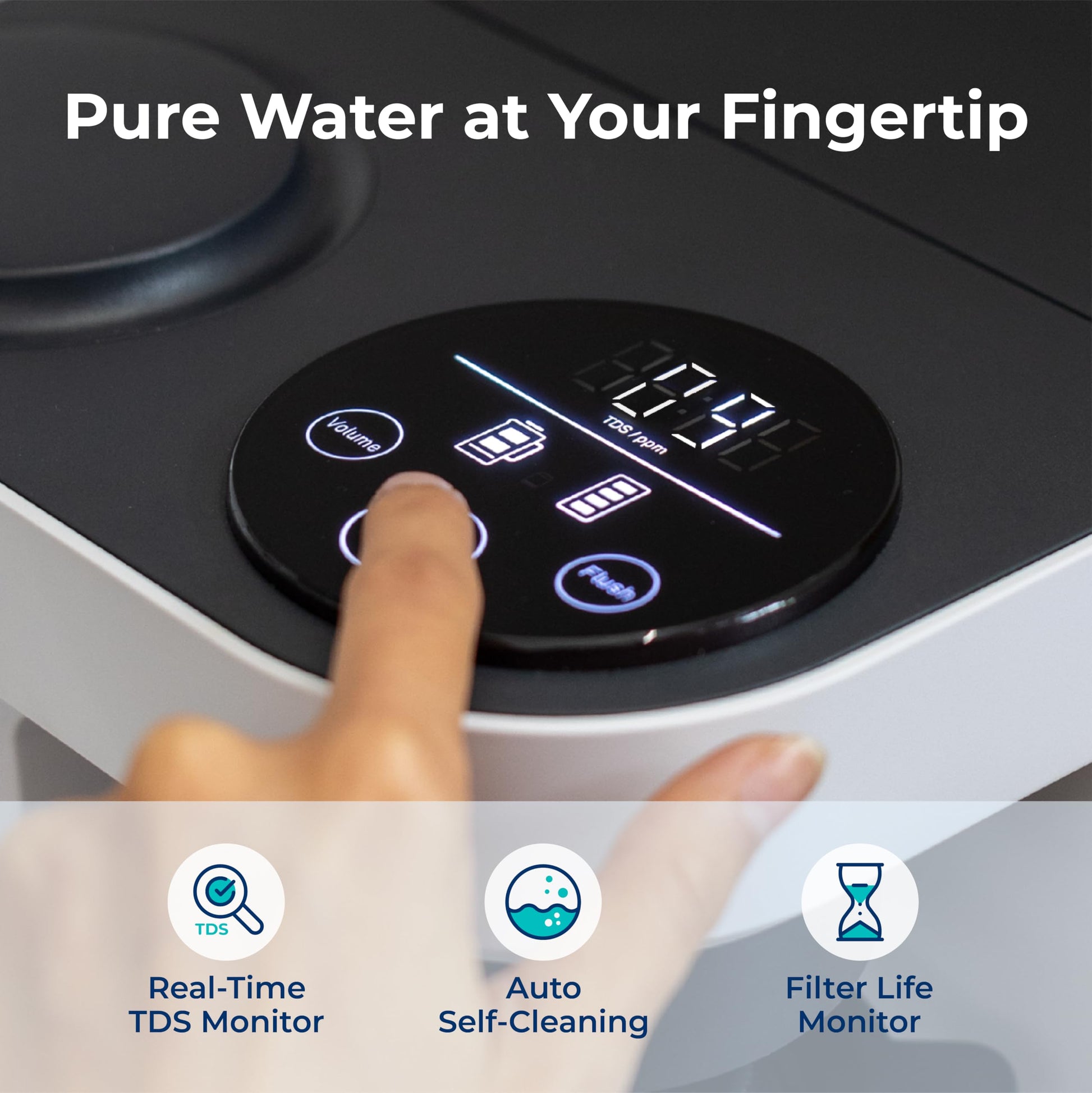 Hand pressing a button on a water filter with text 'Pure Water at Your Fingertip' and icons for TDS monitor, auto self-cleaning, and filter life monitor.
