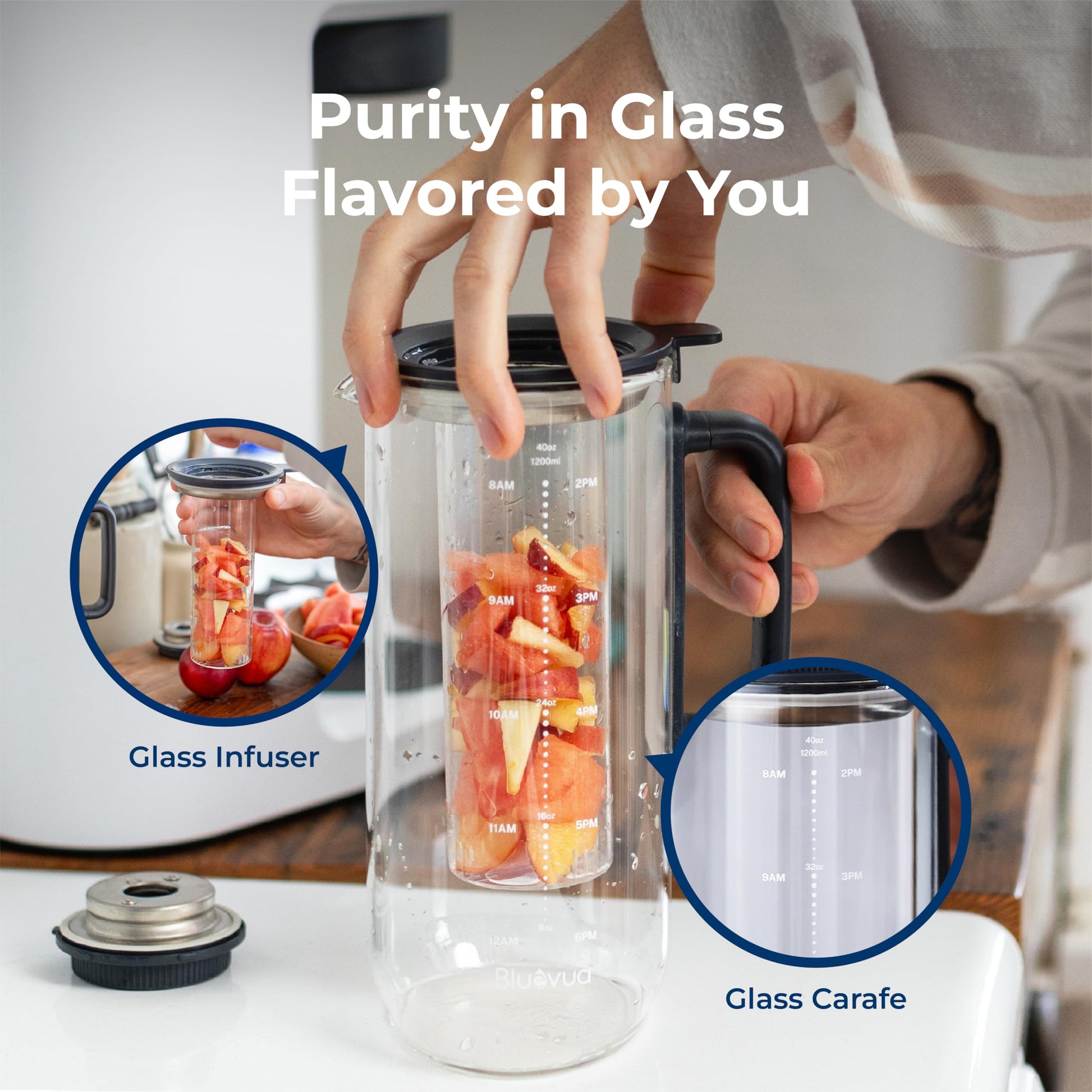 Glass infuser with fruit pieces, close-ups of components, and text 'Purity in Glass Flavored by You'.