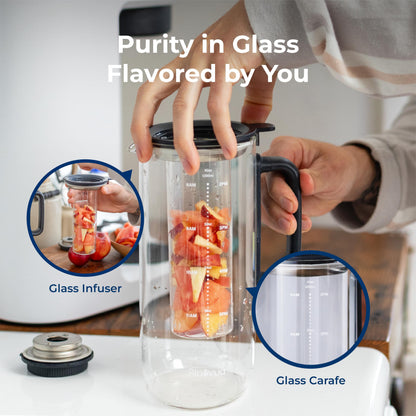 Glass infuser with fruit pieces, close-ups of components, and text 'Purity in Glass Flavored by You'.