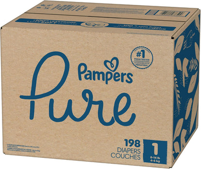 Box of Pampers Pure diapers with blue text on a beige background