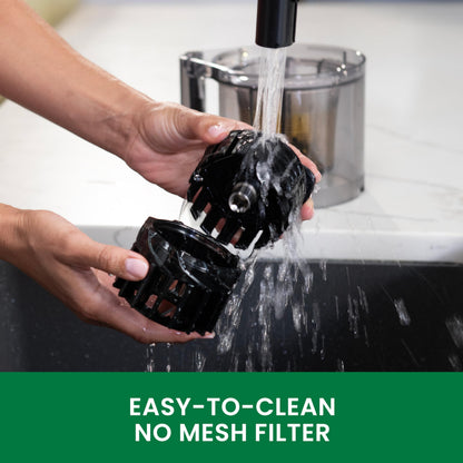 Person washing a black filter under running water with text 'Easy-to-clean No Mesh Filter' at the bottom.