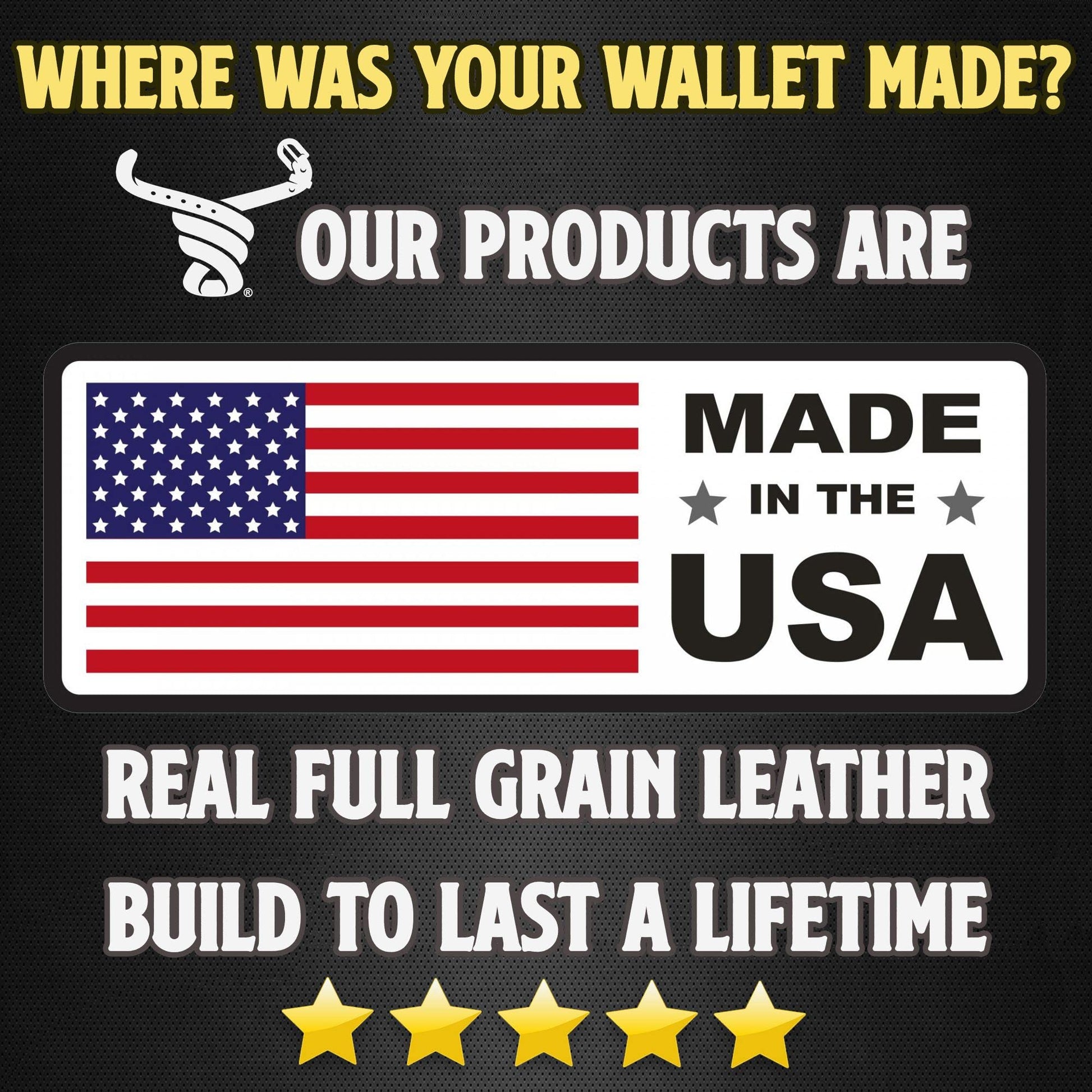 Promotional text about product made in the USA with an American flag on a black background.