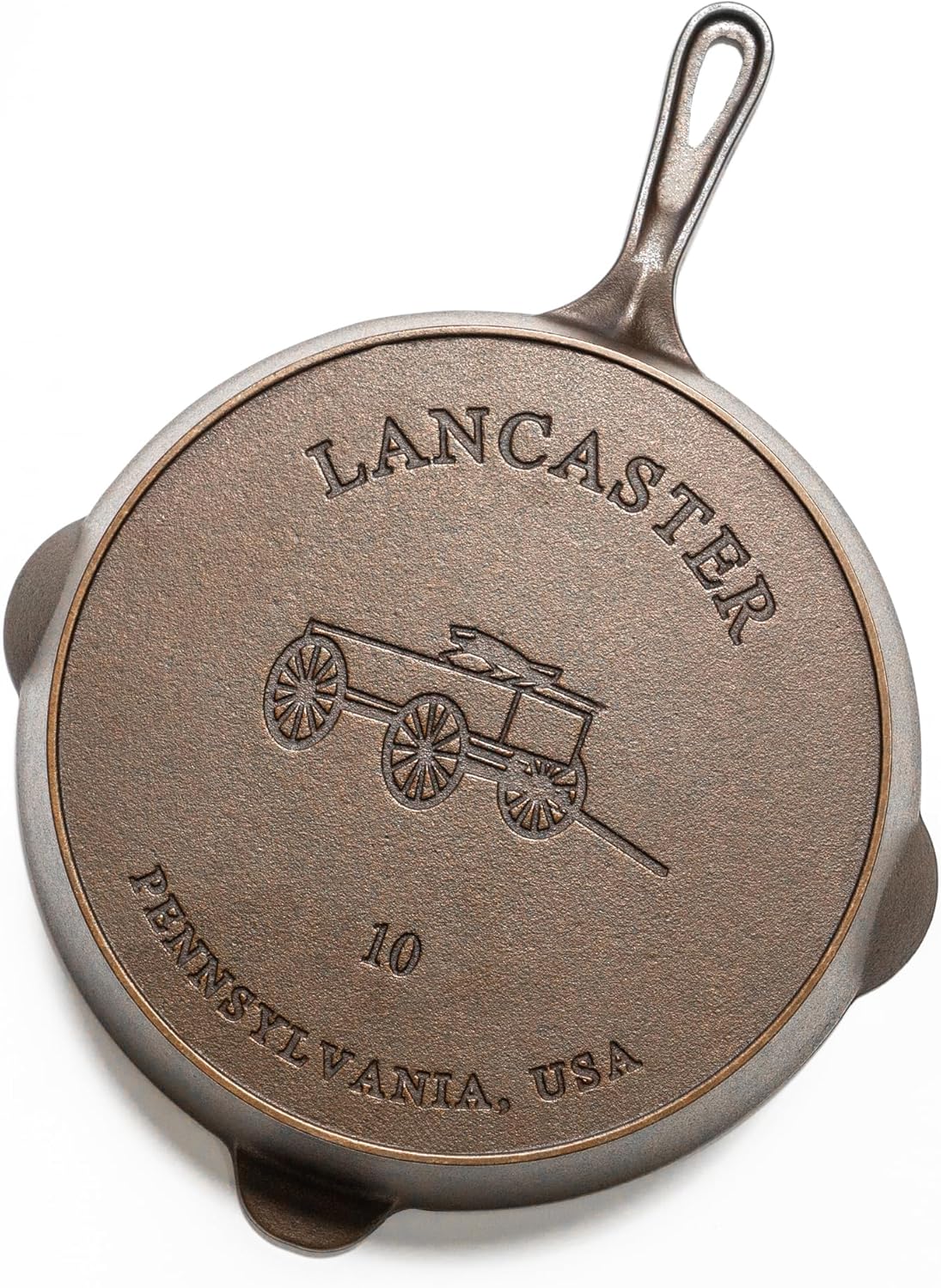 Cast iron skillet with 'Lancaster, Pennsylvania, USA' engraving on a white background