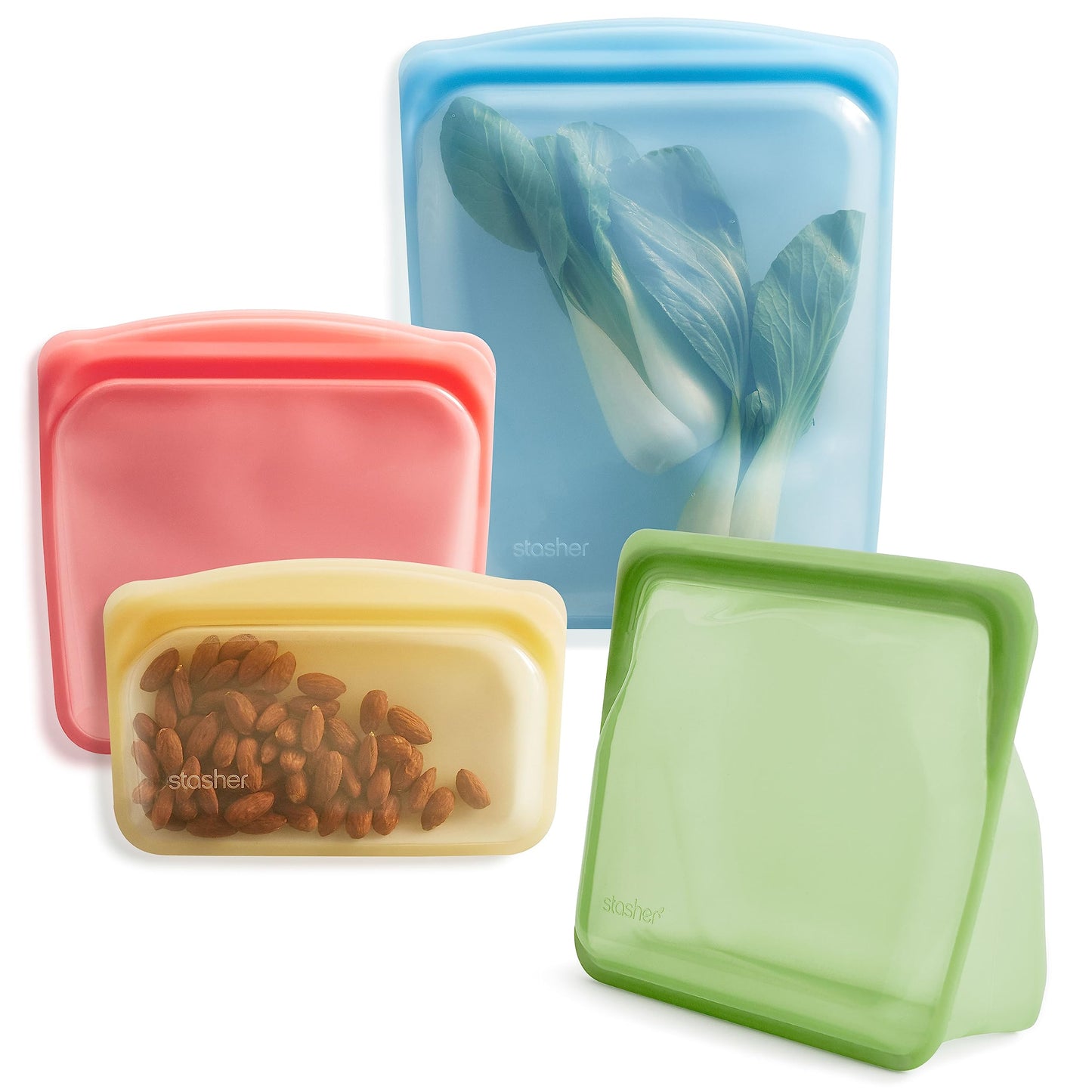Stasher silicone rainbow 4 pack in various colors.